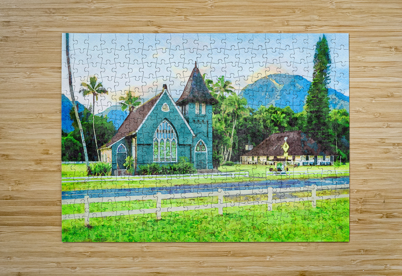 Waioli Huiia Church stands in Hanalei Kauai in watercolor Steve Heap Puzzle printing