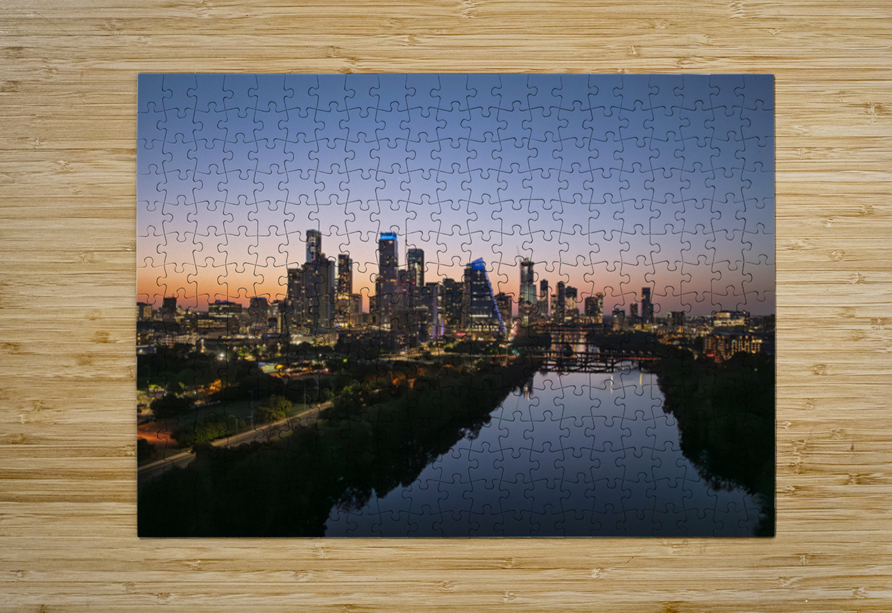 Orange skies behind skyline of Austin Texas as sun starts to ris Steve Heap Puzzle printing