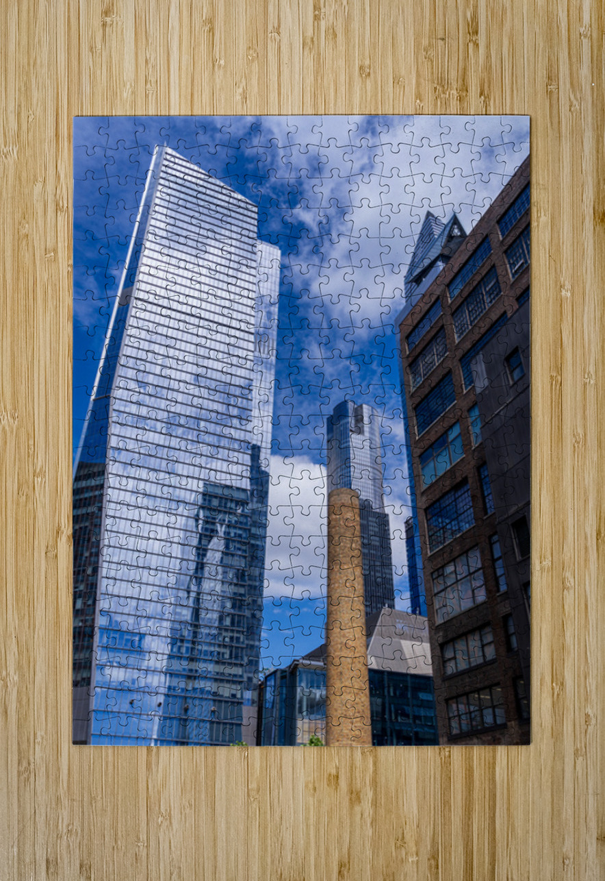 Looking up at modern buildings by brick chimney in Hudson Yards Steve Heap Puzzle printing