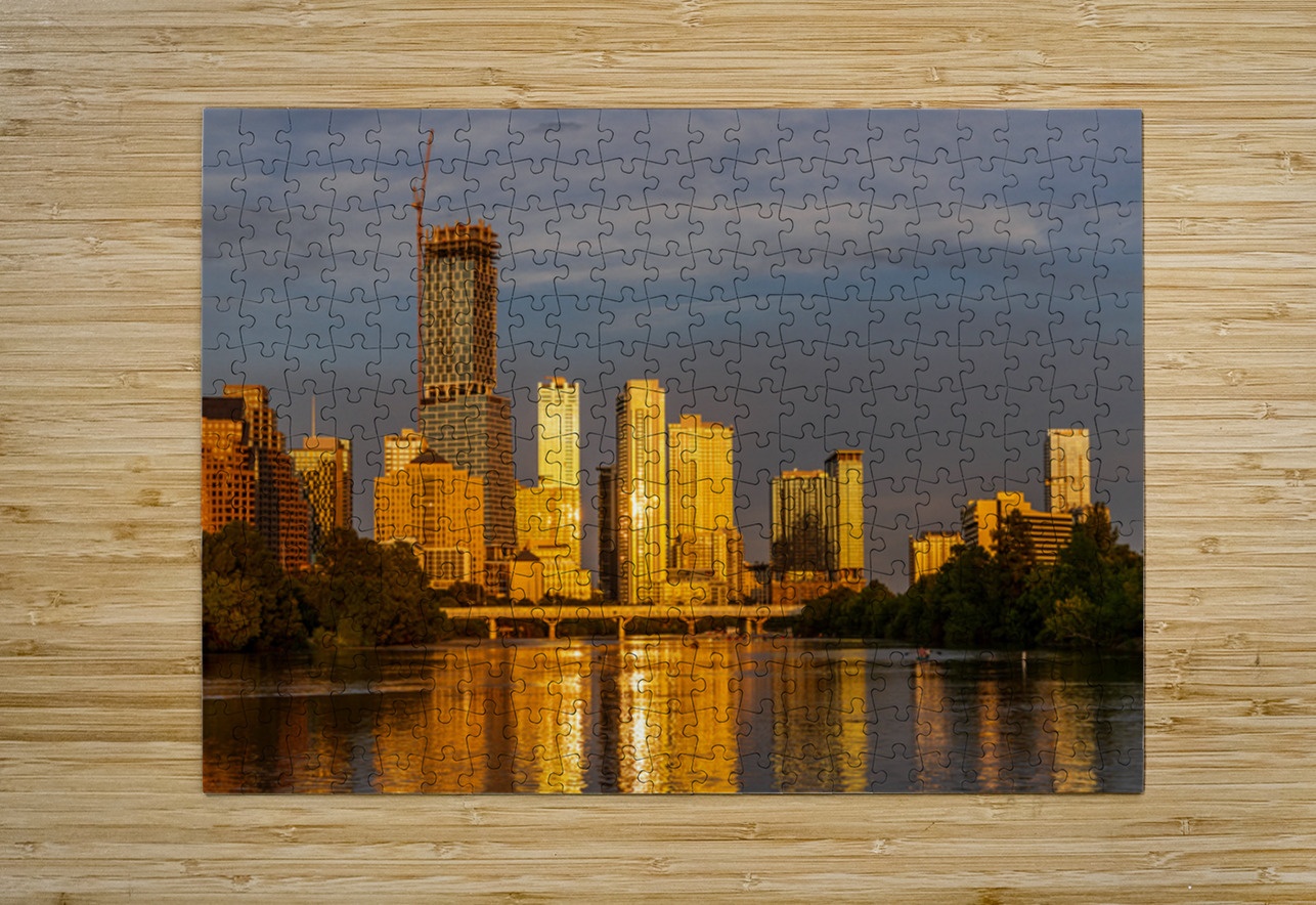 Waterline dominates city skyline of Austin Texas at sunset in 20 Steve Heap Puzzle printing