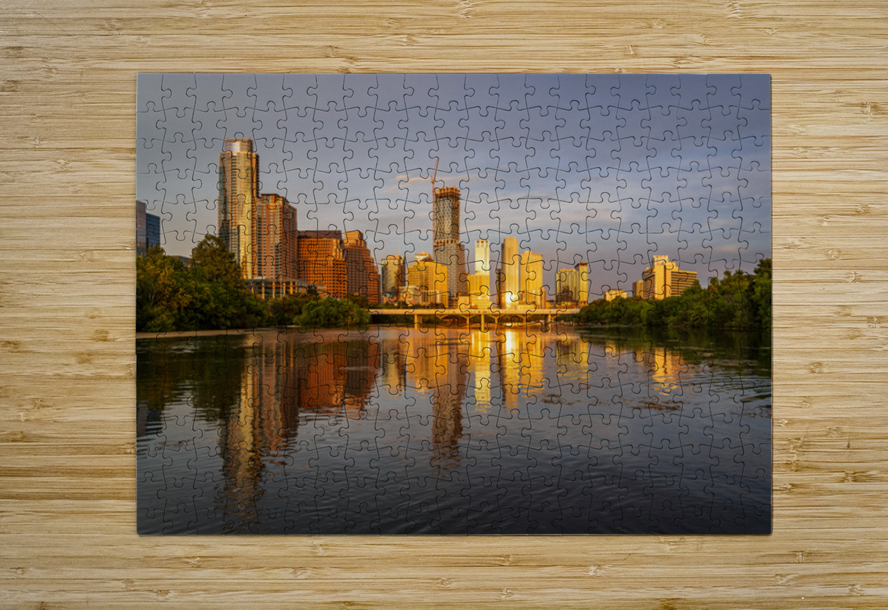 Waterline dominates city skyline of Austin Texas at sunset in 20 Steve Heap Puzzle printing