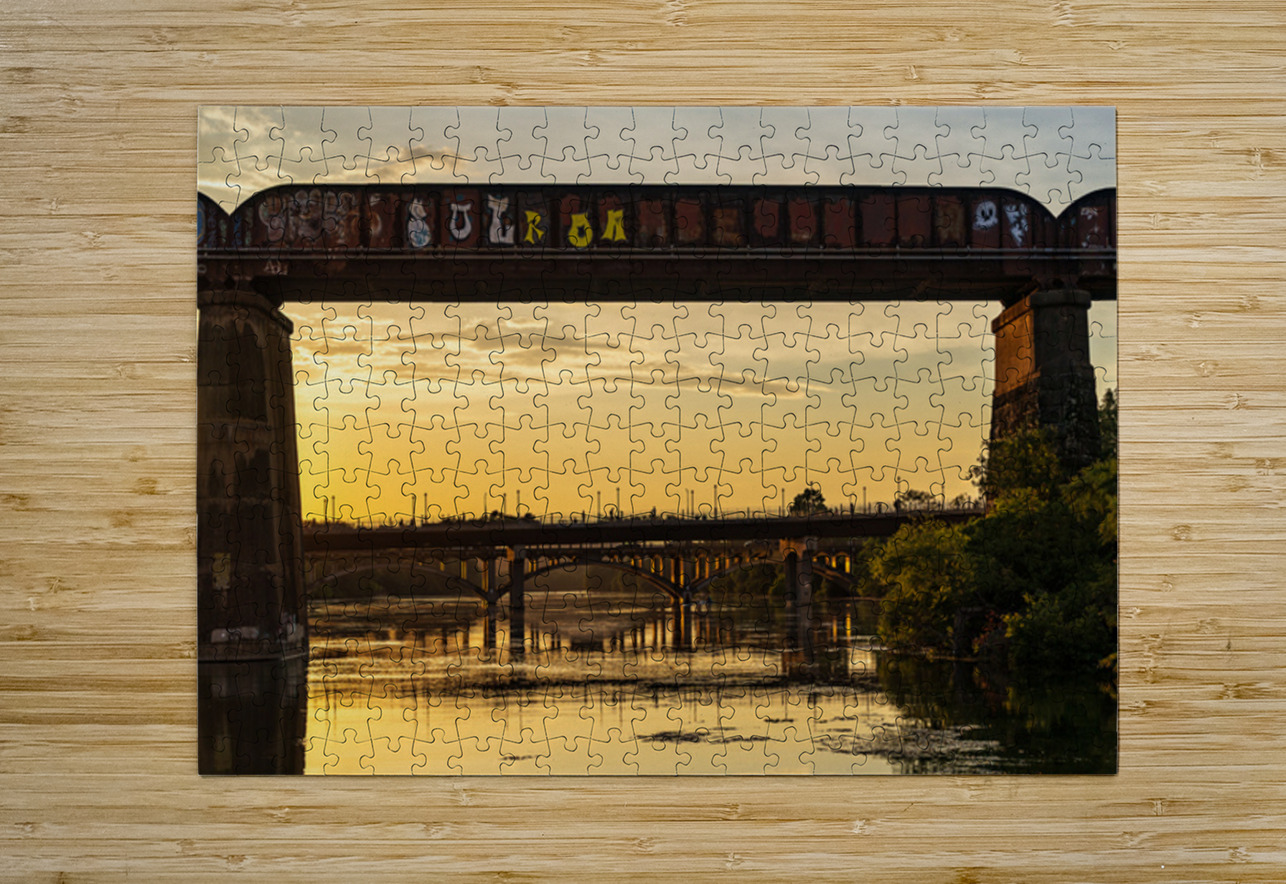 Bridges behind the railroad bridge in Austin at sunset Steve Heap Puzzle printing