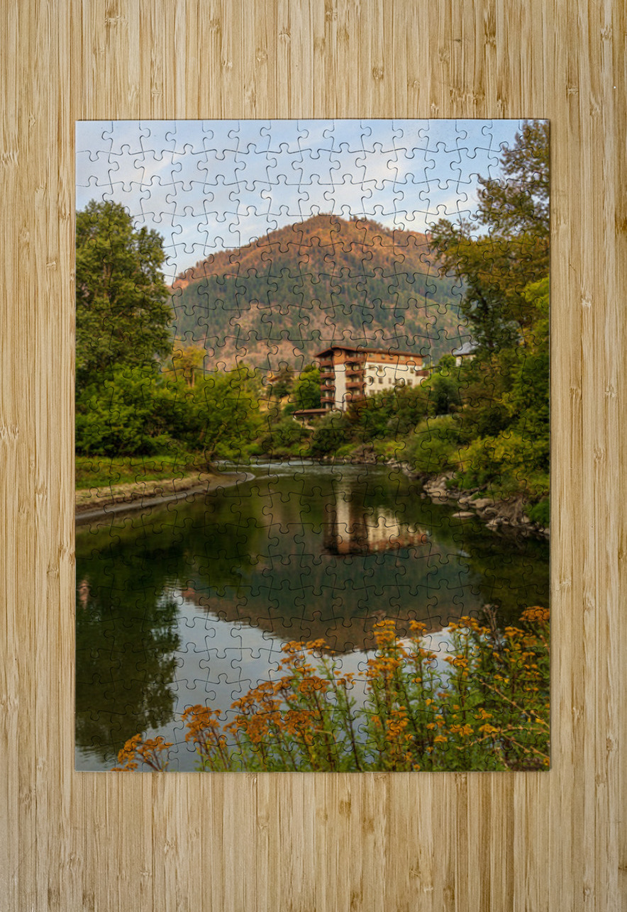 Alpine German apartment building relfects in River Wenatchee in  Steve Heap Puzzle printing