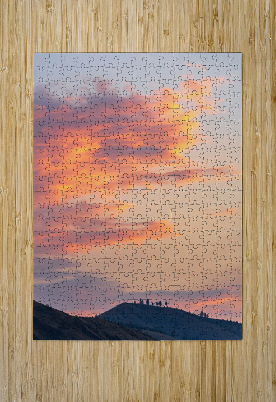 Fiery sunset clouds enveloping the new crescent moon over Lake C Steve Heap Puzzle printing