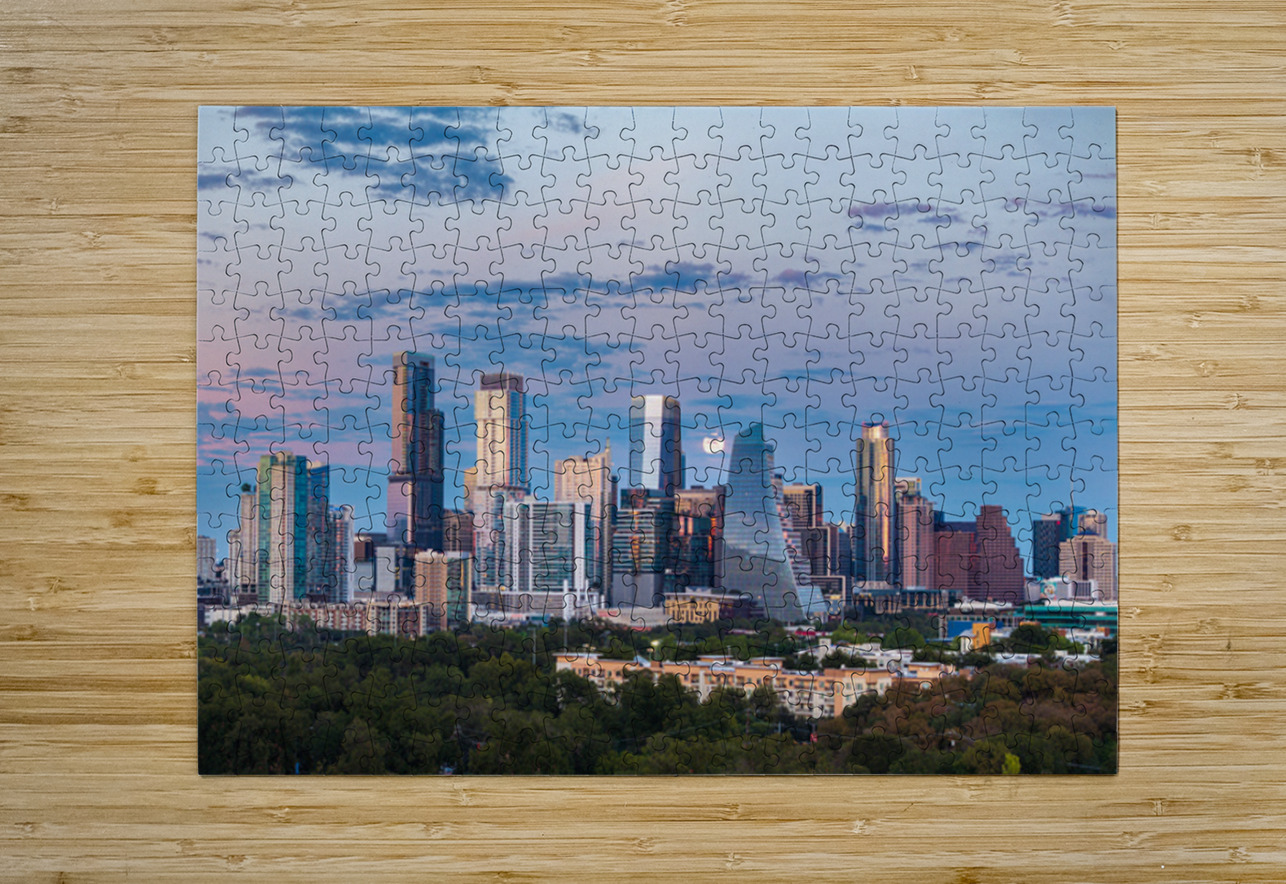 Distant view of Harvest moon in the Austin skyline at sunset Steve Heap Puzzle printing