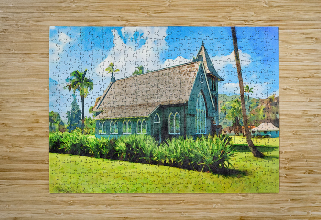 Watercolor painting of Mission or Green Church in Hanalei Kauai Steve Heap Puzzle printing