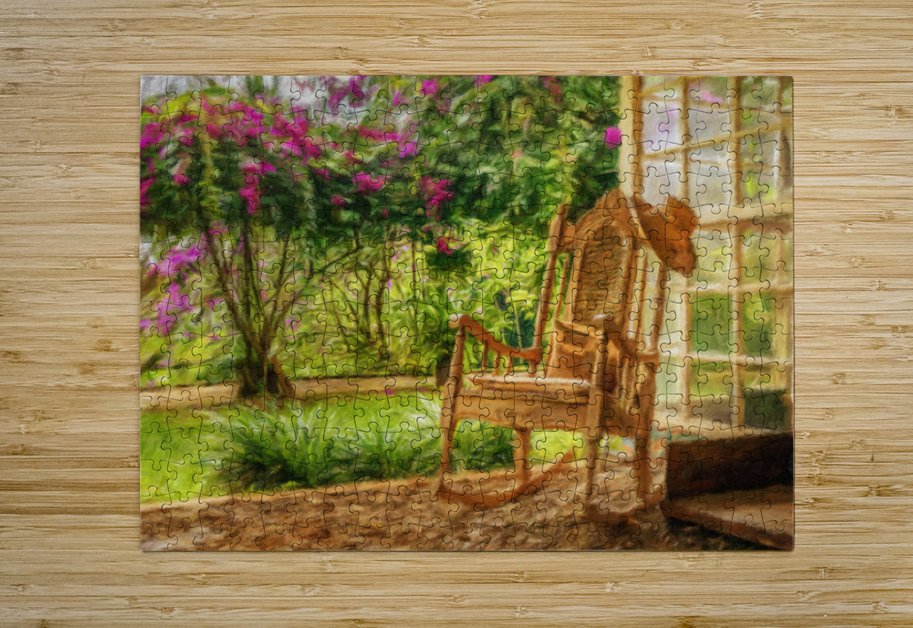 Oil painting of vintage wooden rocking chair with a straw hat re Steve Heap Puzzle printing