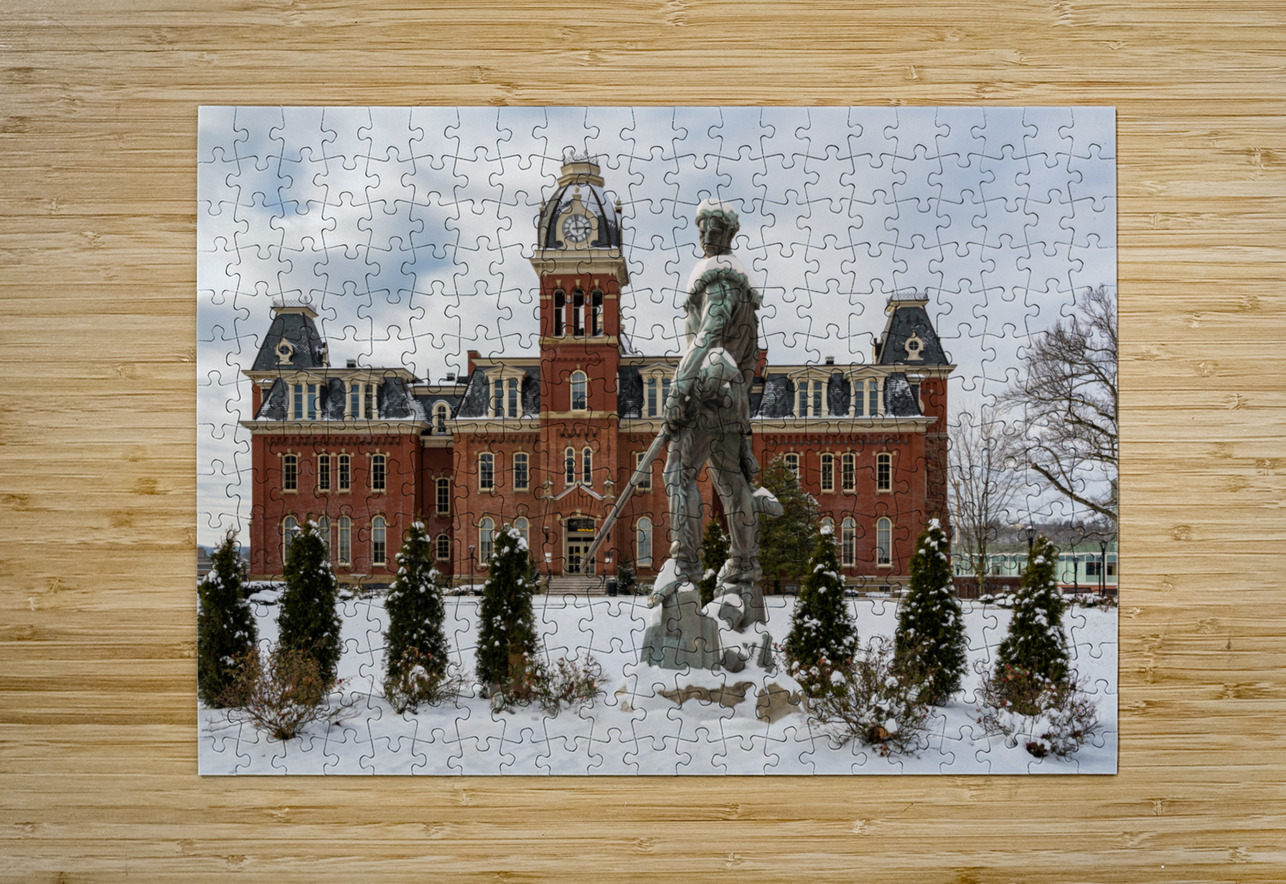 Mountaineer statue against Woodburn Hall Steve Heap Puzzle printing