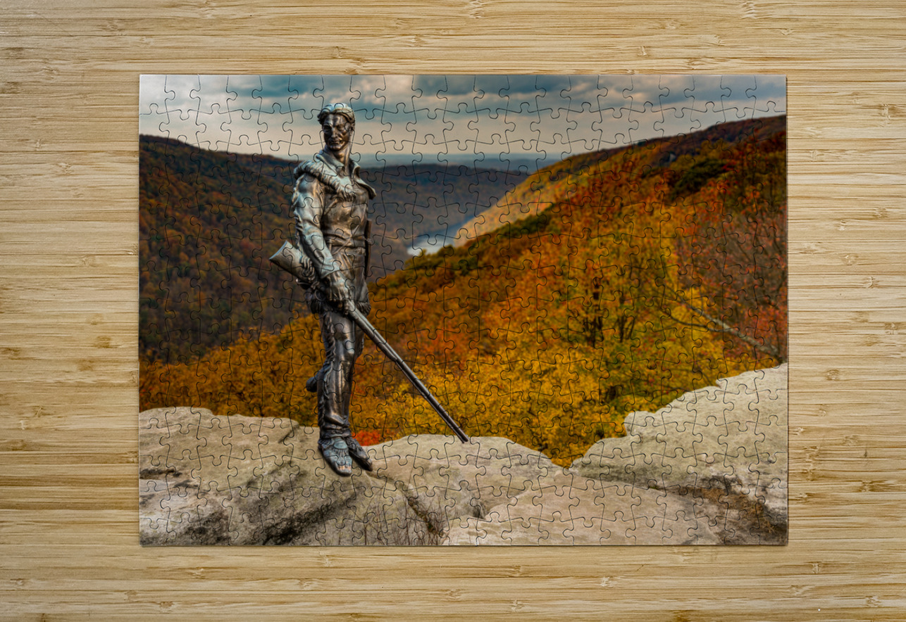 Mountaineer statue from WVU with fall leaves in West Virginia Steve Heap Puzzle printing
