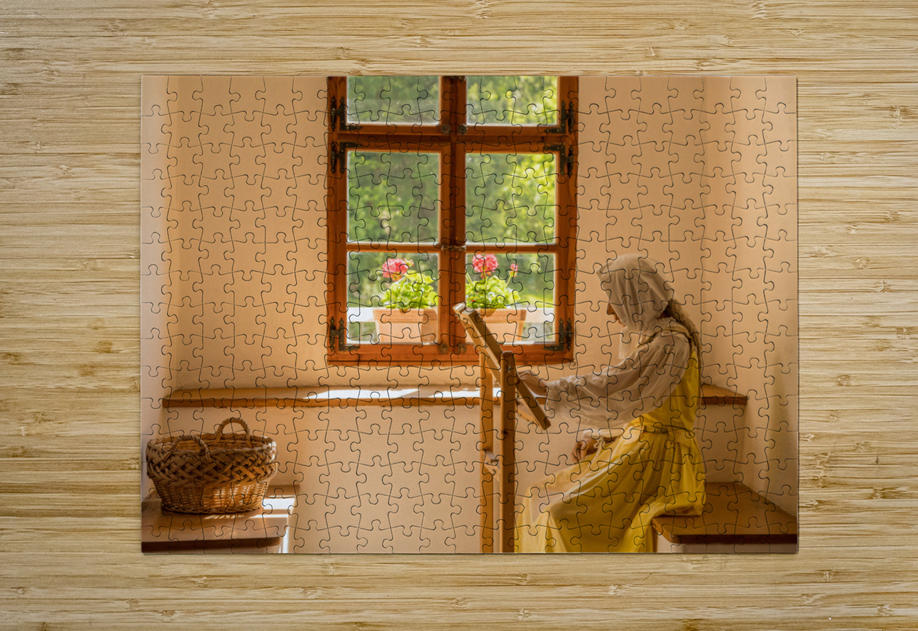 Woman working on embroidery in window alcove Steve Heap Puzzle printing
