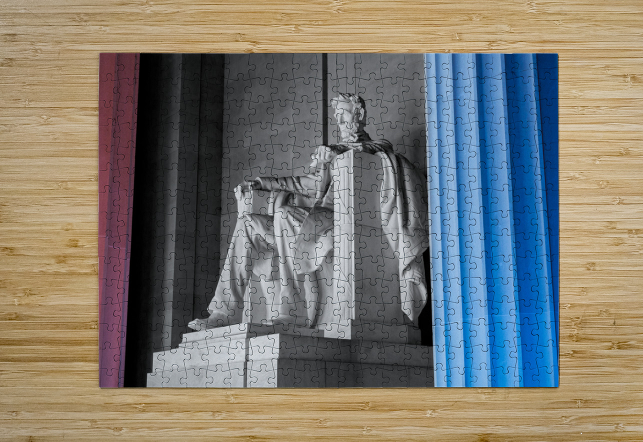 President Lincoln statue with pillars lit in red and blue Steve Heap Puzzle printing