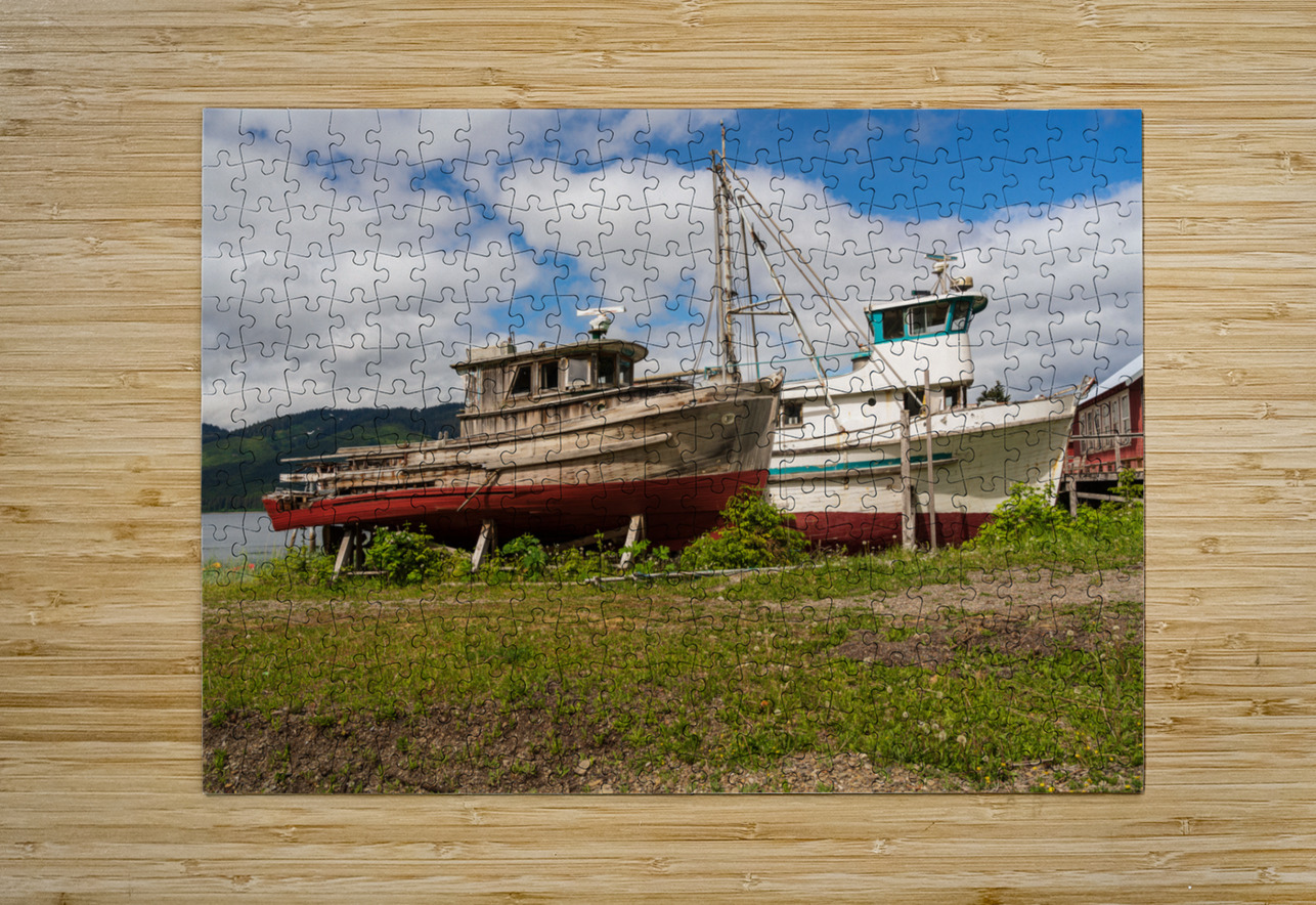 Historic but rotting fishing boats by ocean at Icy Strait Point Steve Heap Puzzle printing