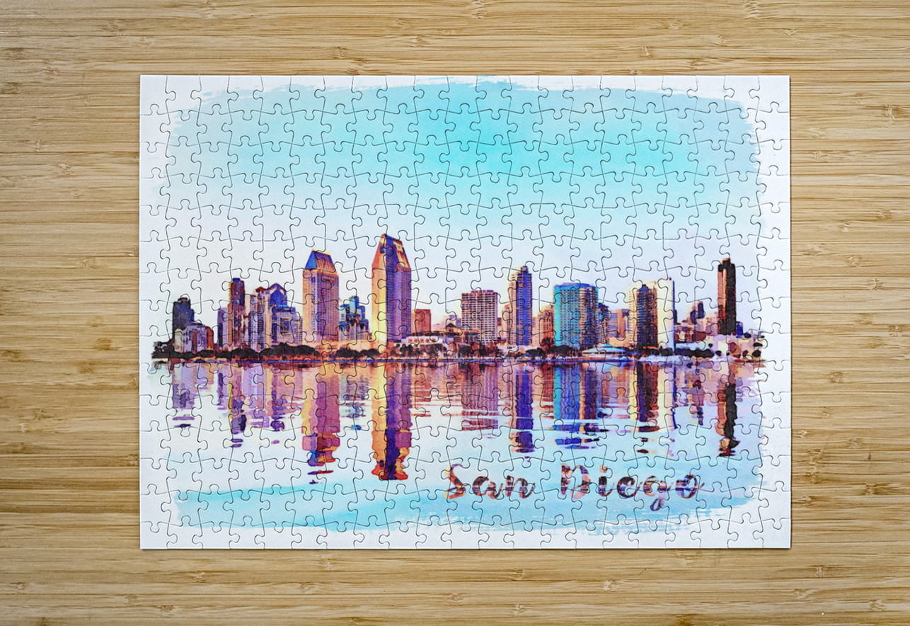 Watercolor painting of San Diego Skyline at sunset from Coronado Steve Heap Puzzle printing