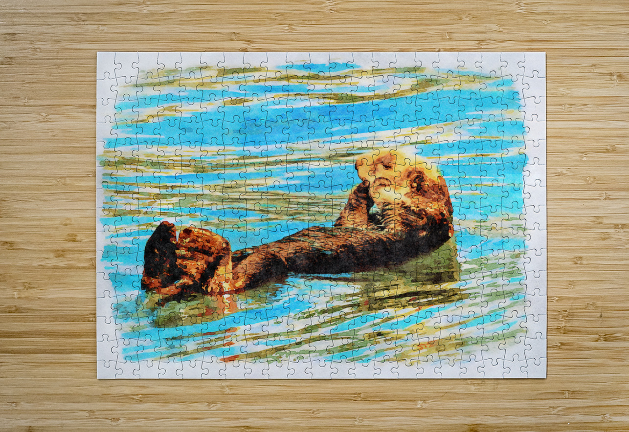 Digital watercolor of Sea Otter floating in the sea Steve Heap Puzzle printing