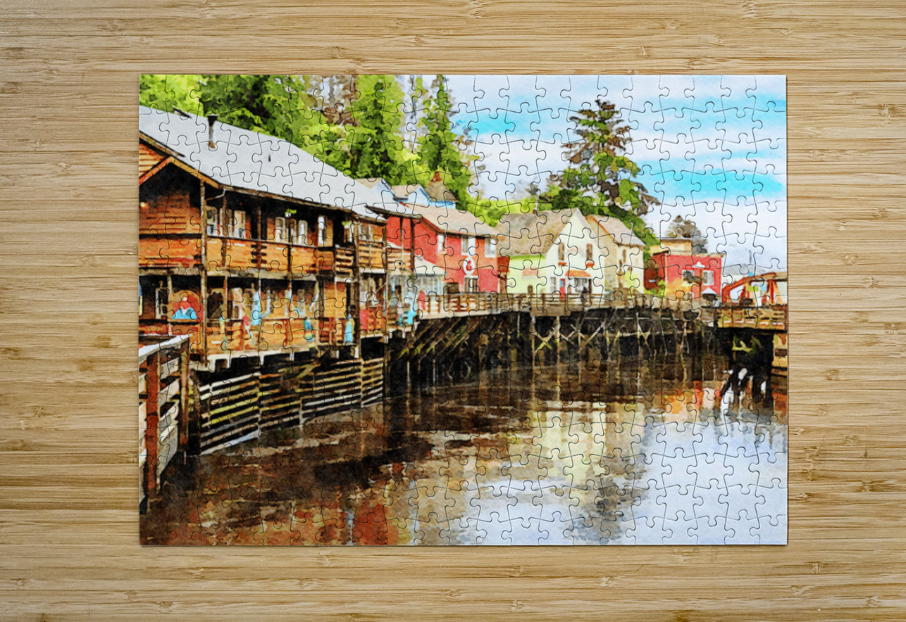 Painting of Creek Street wharf in Ketchikan Alaska Steve Heap Puzzle printing