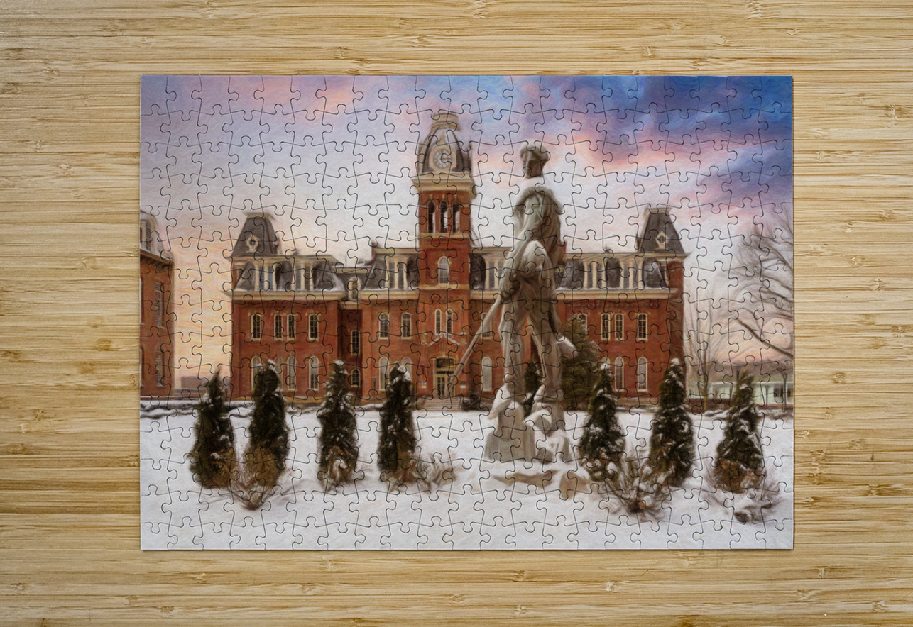 Pastel Mountaineer statue against Woodburn Hall Steve Heap Puzzle printing