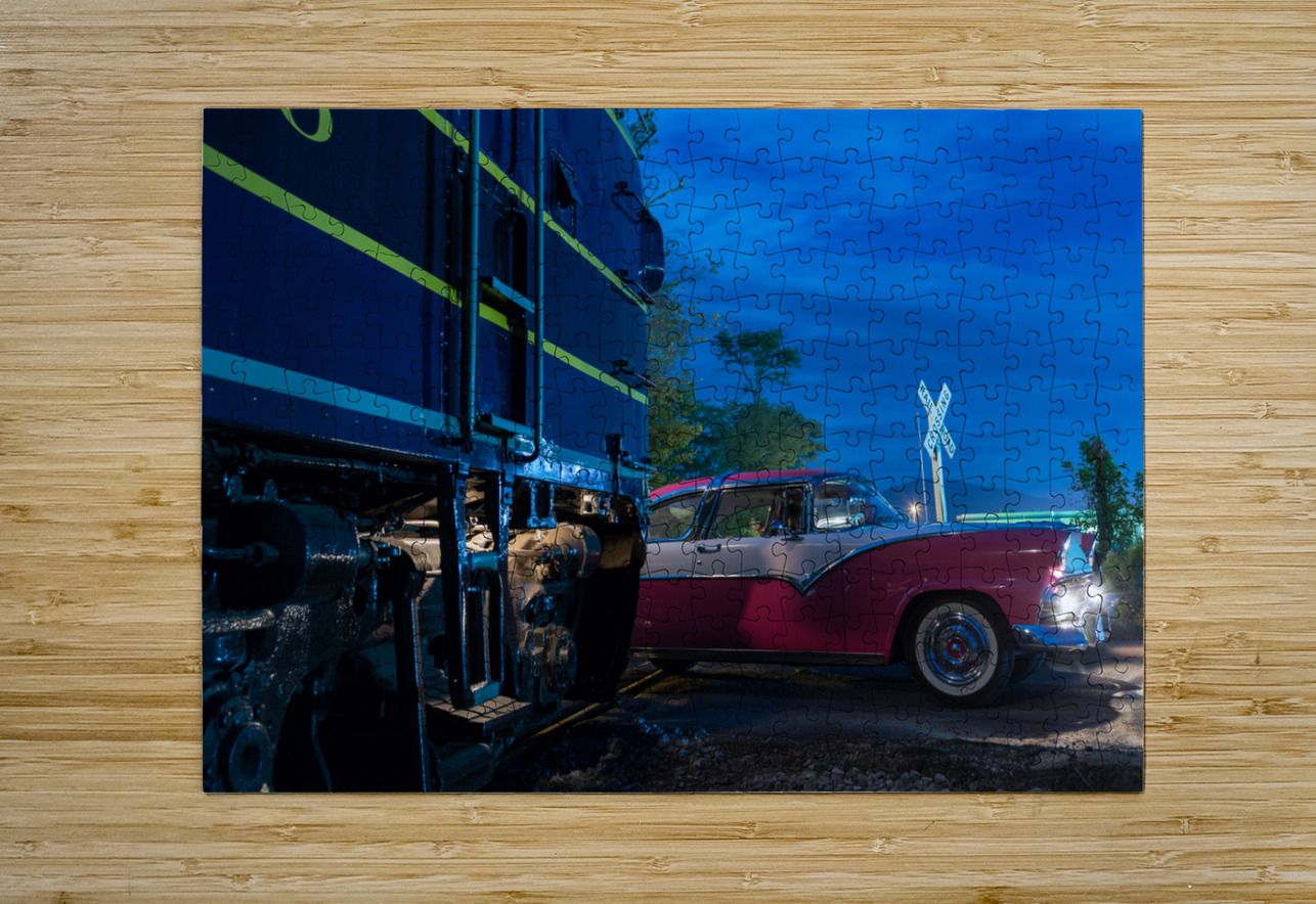Vintage car racing at railroad crossing Steve Heap Puzzle printing