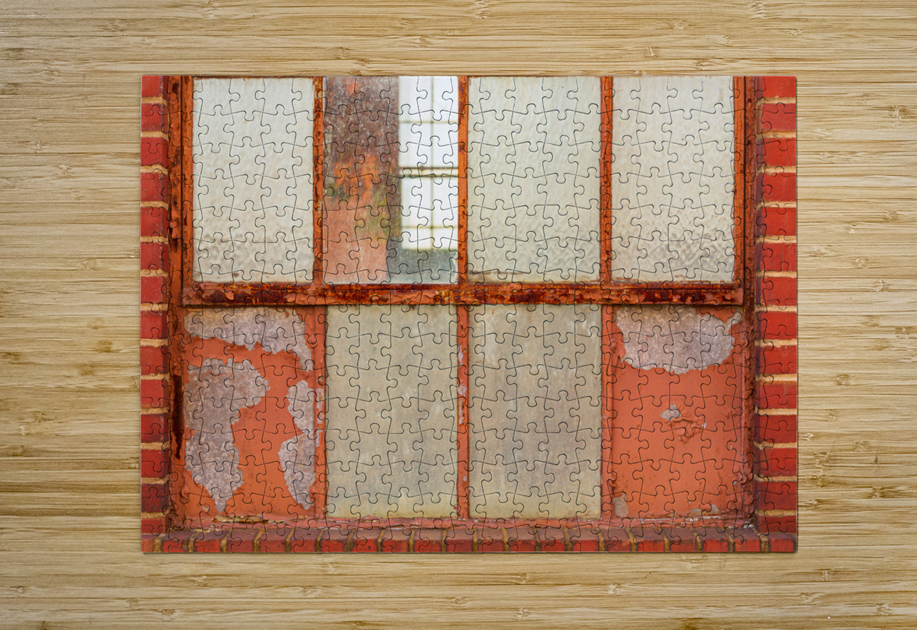 Old rusty window in warehouse painted red and orange Steve Heap Puzzle printing