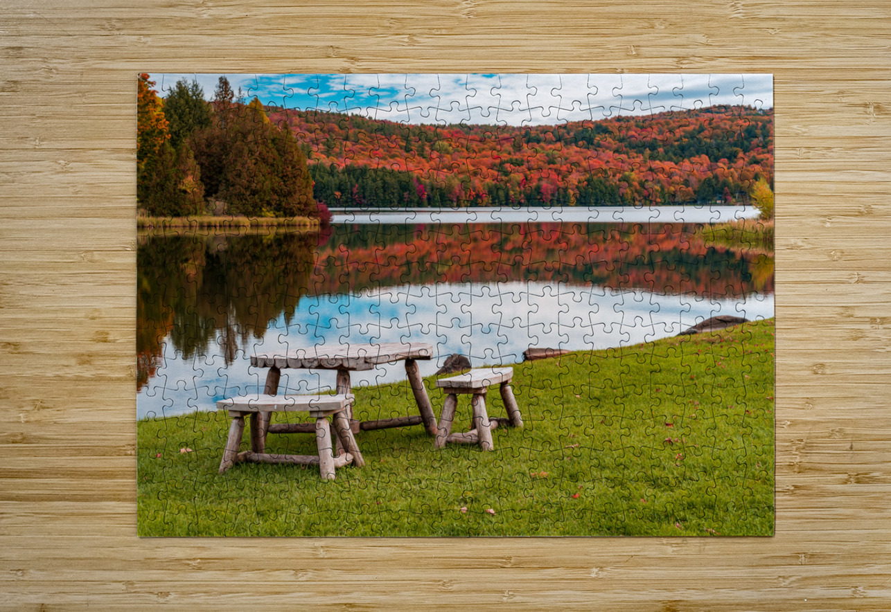 Wooden table and stools by Silver Lake Vermont Steve Heap Puzzle printing