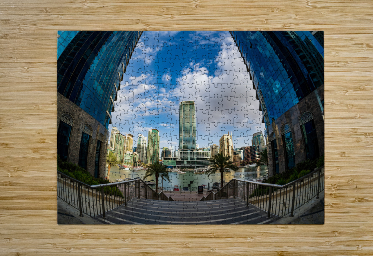 Fisheye view of tall buildings on waterfront at Dubai Marina Steve Heap Puzzle printing