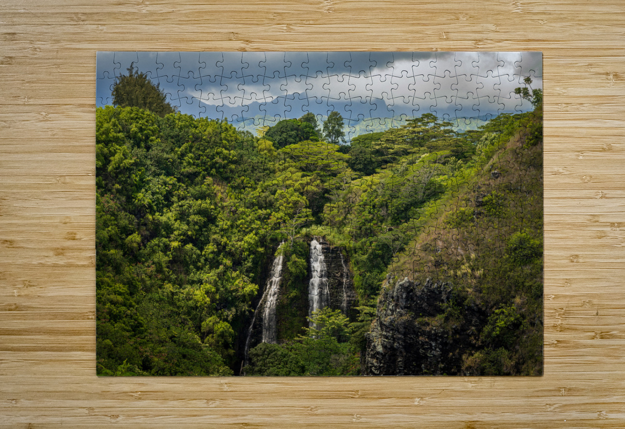 Opaekaa Falls sunlit as dark storm clouds gather over the hills Steve Heap Puzzle printing