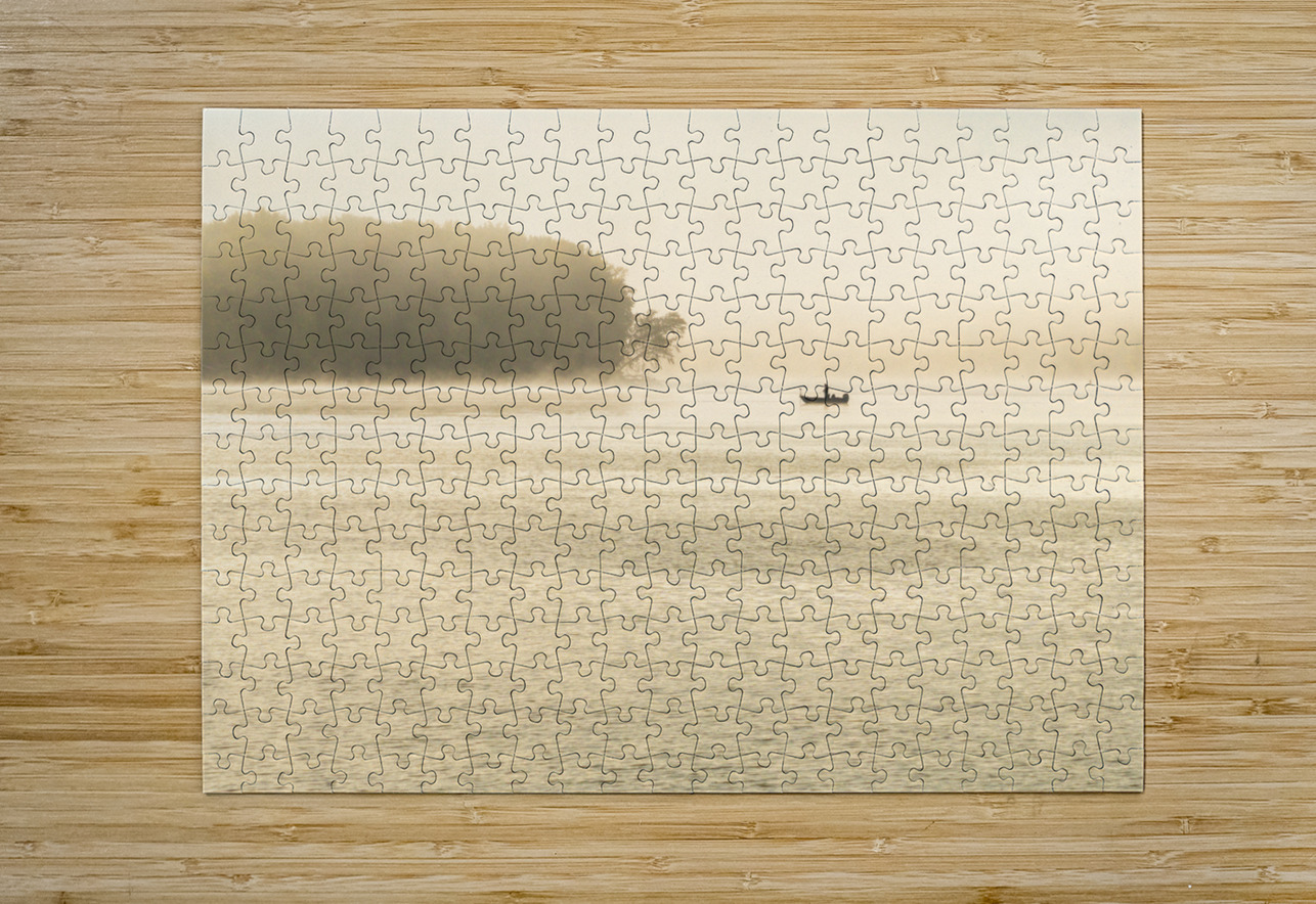 Fisherman fishing in Mississippi river on misty autumn morning Steve Heap Puzzle printing