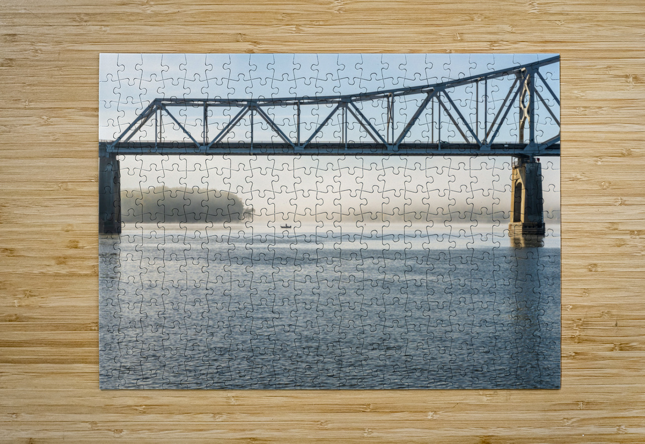 Fisherman fishing in Mississippi river on misty autumn morning Steve Heap Puzzle printing