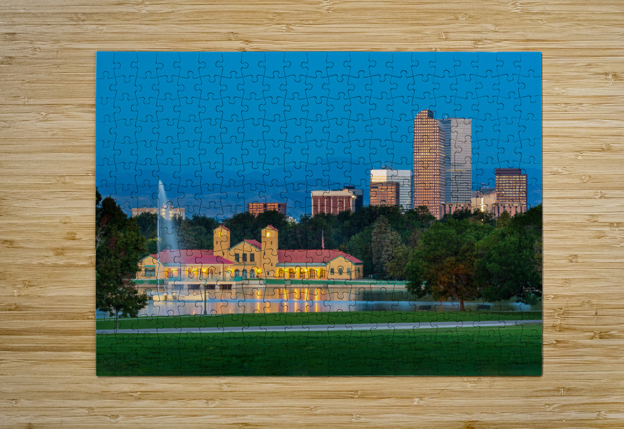 Skyline of Denver at dawn from City Park with boathouse Steve Heap Puzzle printing