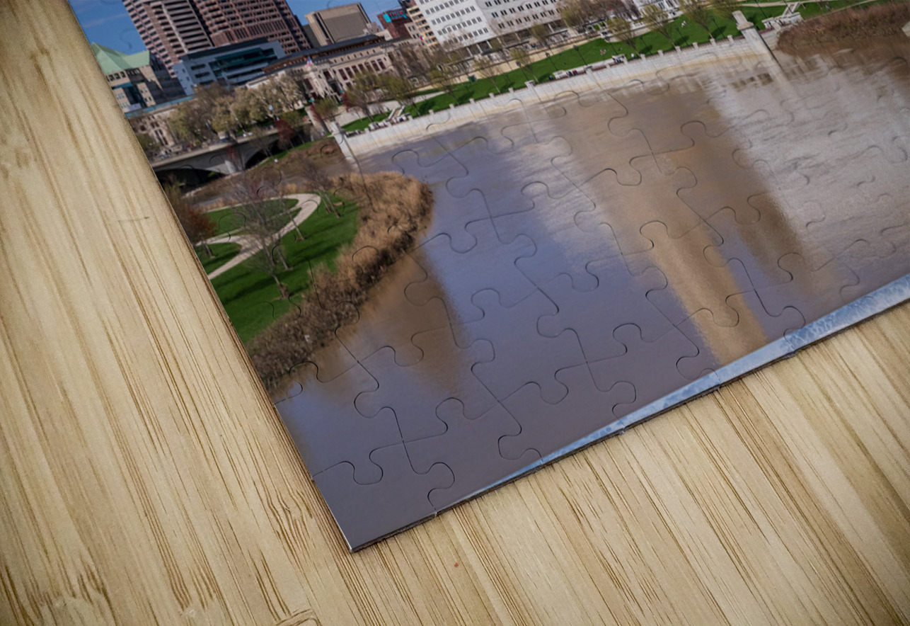 Scioto Lounge statue by waterfront looking at Columbus skyline Steve Heap Puzzle