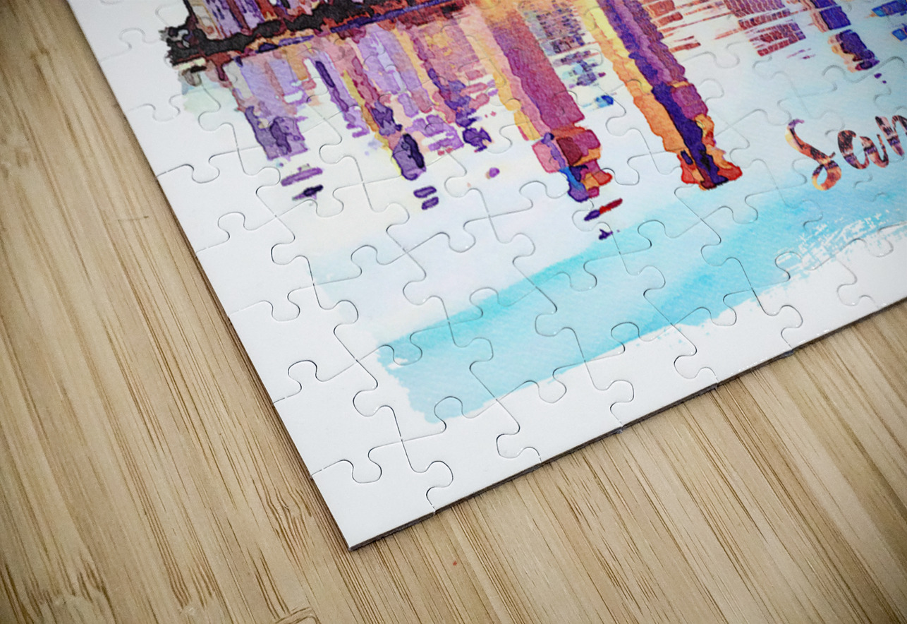 Watercolor painting of San Diego Skyline at sunset from Coronado Steve Heap Puzzle