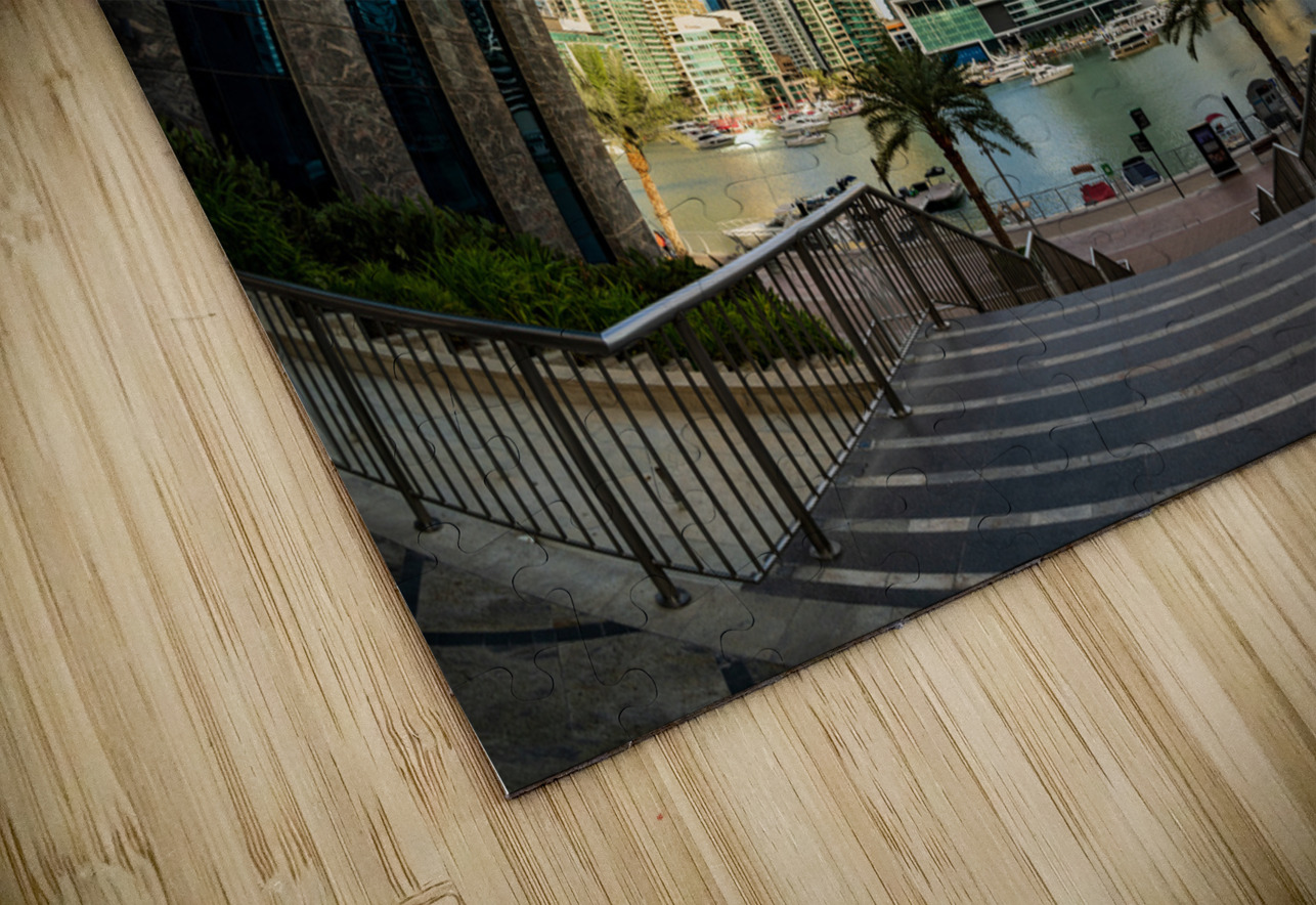 Fisheye view of tall buildings on waterfront at Dubai Marina Steve Heap Puzzle