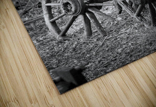 Two old wooden cartwheels against wood cart Steve Heap puzzle
