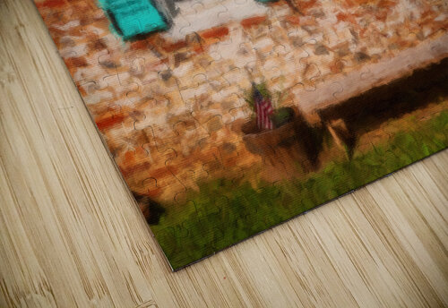 Painting of blue shutters against a white painted brick wall in  Steve Heap puzzle