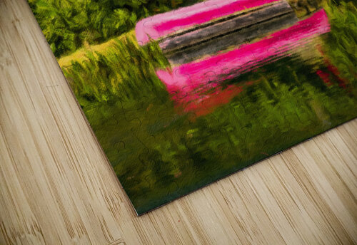 Red canoe on dock reflecting into calm lake in oil painting Steve Heap puzzle