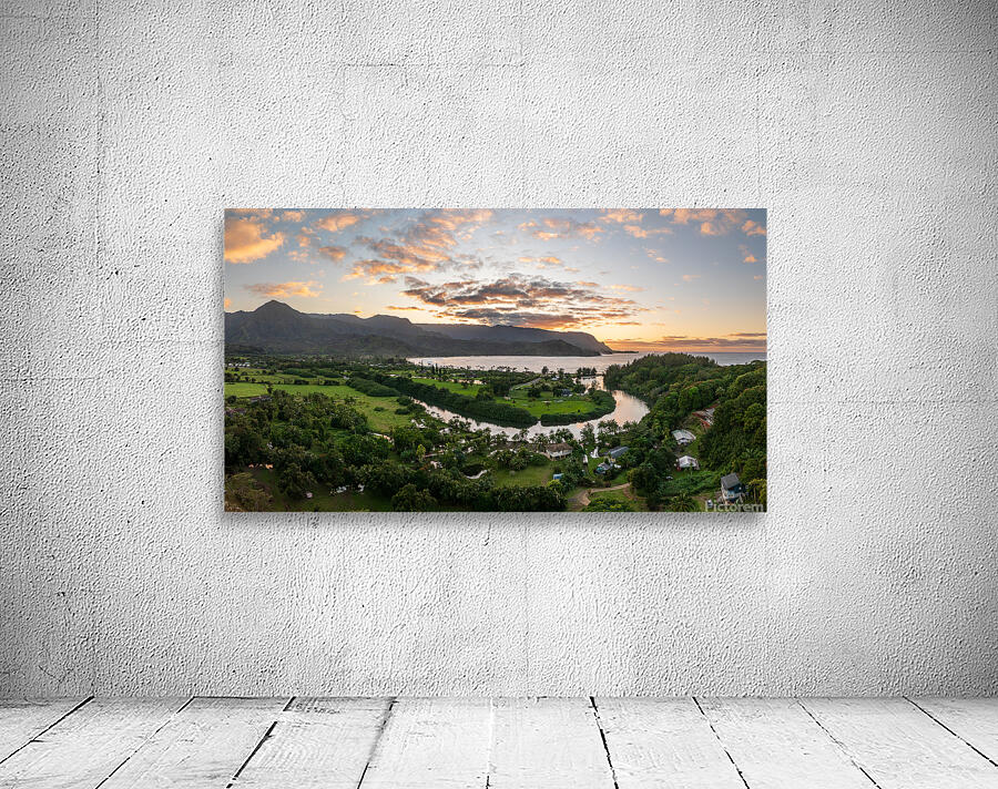 Panoramic aerial view of sunset over Hanalei Bay Wall Preview