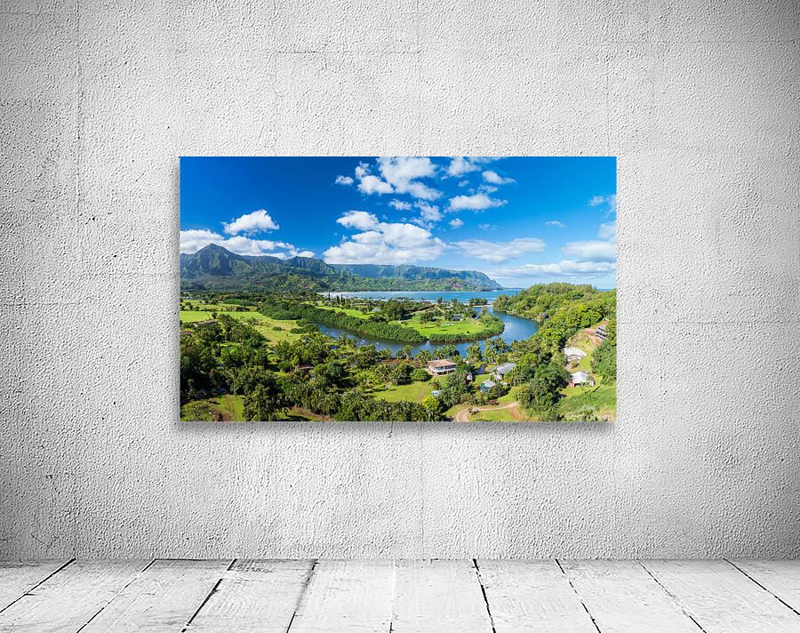 Panoramic aerial view of Hanalei Bay verdant landscape  Wall Preview