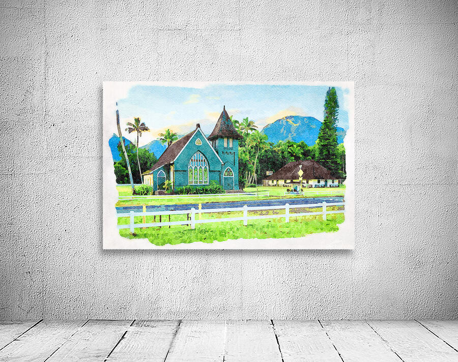 Waioli Huiia Church stands in Hanalei Kauai in watercolor Wall Preview