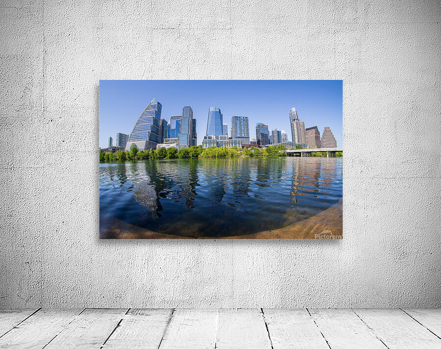 Fisheye lens view of Austin skyline including Lady Bird Lake Wall Preview
