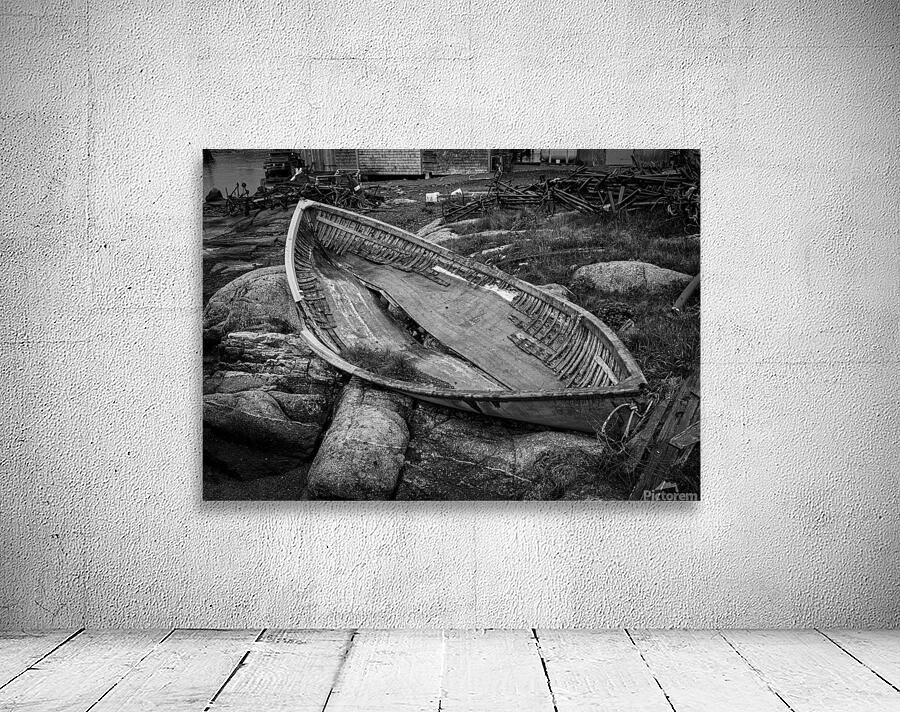 Monochrome abandoned rowing boat in Peggys Cove Wall Preview