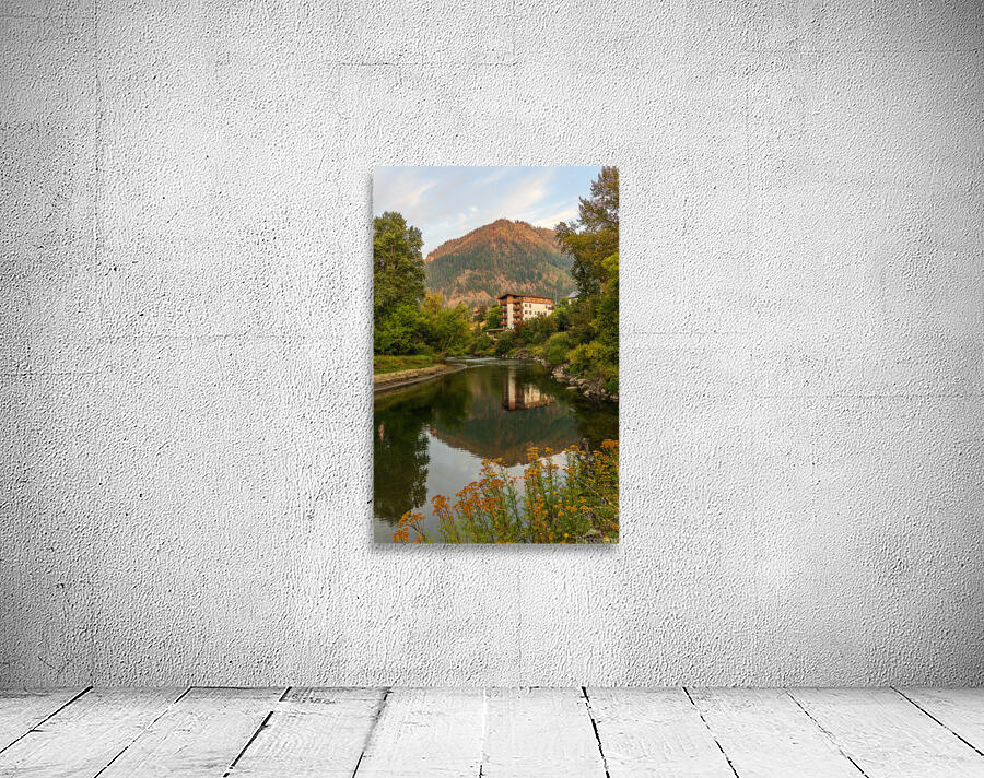 Alpine German apartment building relfects in River Wenatchee in  Wall Preview