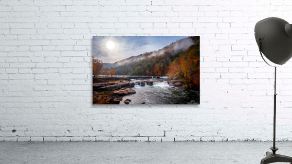 Sun rising over Valley Falls on a misty autumn day Wall Preview