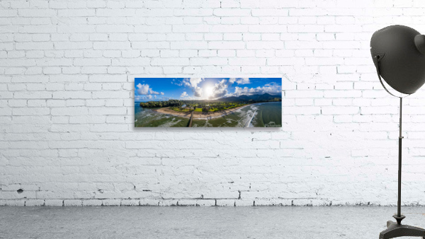 Aerial drone shot of Hanalei bay from over the pier Wall Preview