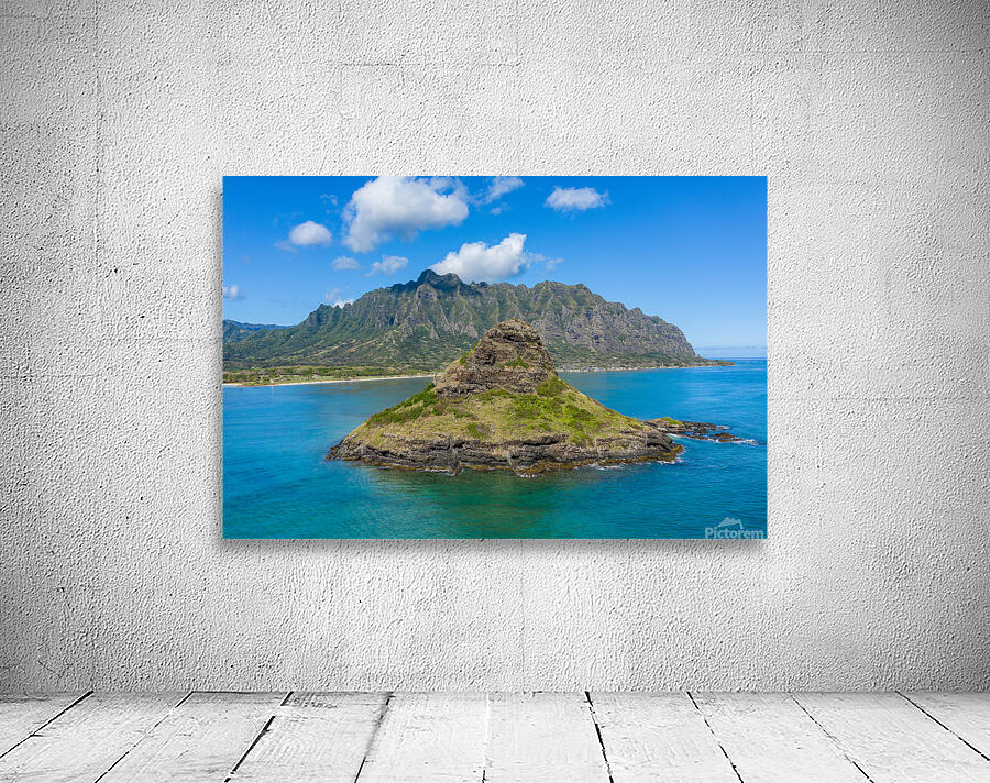 Aerial view of chinamans hat by Kualoa  regional park Wall Preview