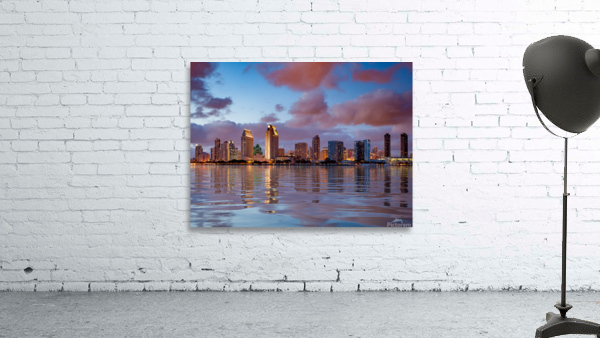 San Diego skyline at dusk reflected in sea Wall Preview