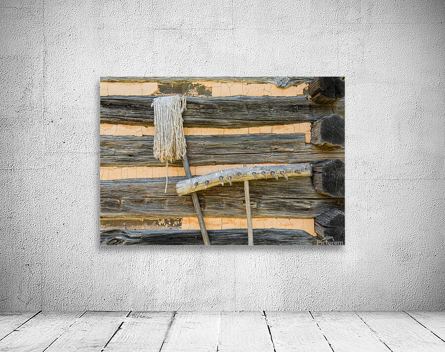 Old rake and mop against log cabin Wall Preview