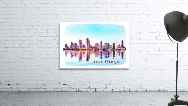 Watercolor painting of San Diego Skyline at sunset from Coronado Wall Preview