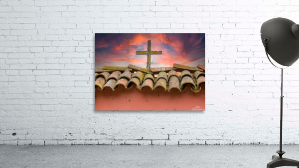 Wooden cross against brilliant sunrise at mission in California Wall Preview