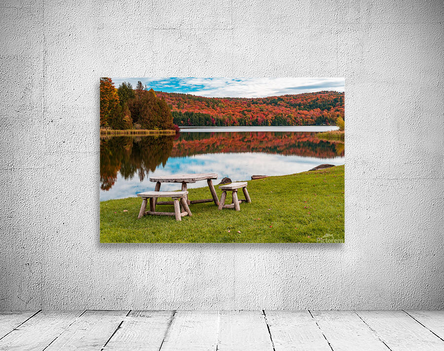 Wooden table and stools by Silver Lake Vermont Wall Preview