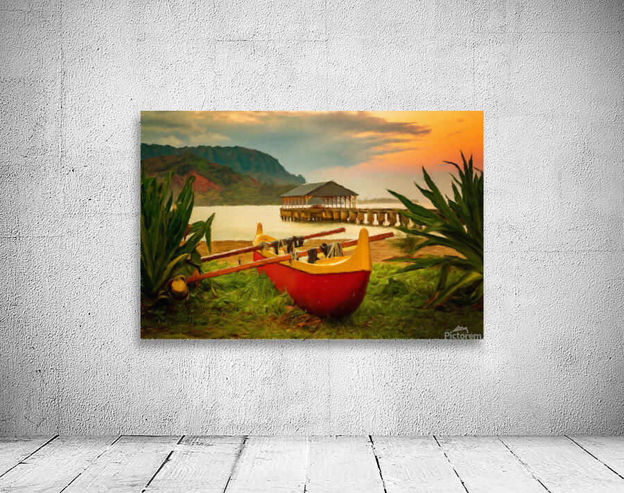 Painting of Hawaiian canoe by Hanalei Pier Wall Preview