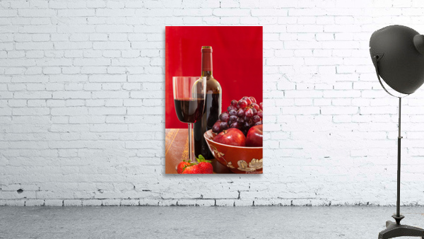 Red wine bottle and fruit with glass Wall Preview